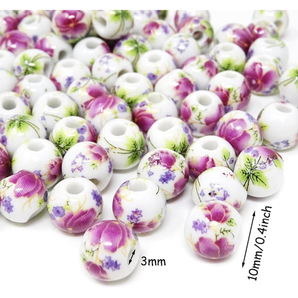 100 stk. 10 mm keramiske perler, håndlavede porcelænsblomster, runde perler, afstandsstykkeperler med 1 stk. snørepose til smykkefremstilling og gør-det-selv-håndværk