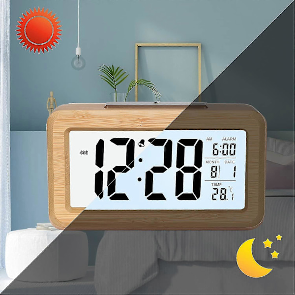 Väckarklocka, enkel inställning, digital väckarklocka i bambu med temperatur, datum, bakgrundsbelysning, snooze, för sovrum, säng, hem, kontor, utan