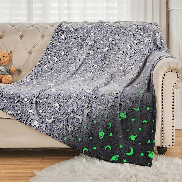 Selvlysende Fleece Tæppe 127 x 152 cm, Selvlysende Flanell Fleece Tæppe med Galaktiske Stjerner, Helårs Gråt Tæppe til Børneseng
