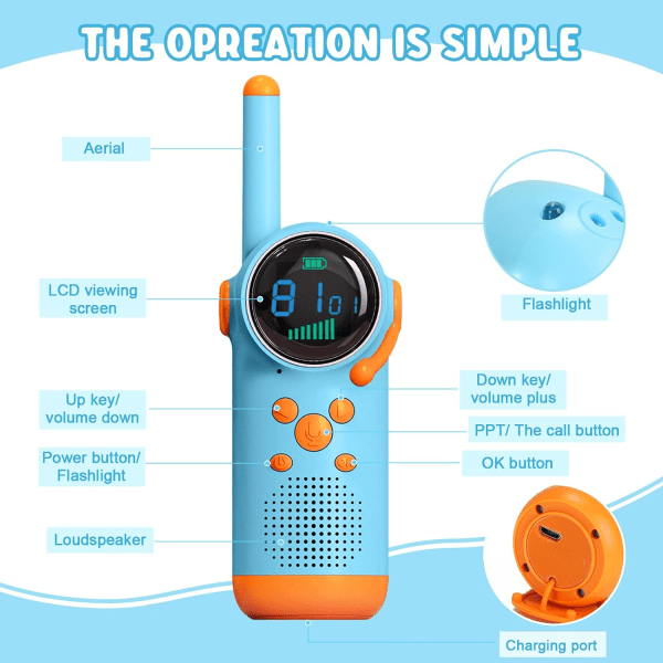 Laderbare Walkie Talkies for Barn, Kids Walkie Talkie Stor Skjerm 8 Kanaler Fjernkontroll, Utendørsleker for Barn 3-14 År, 2 stk (Rosa og Blå)