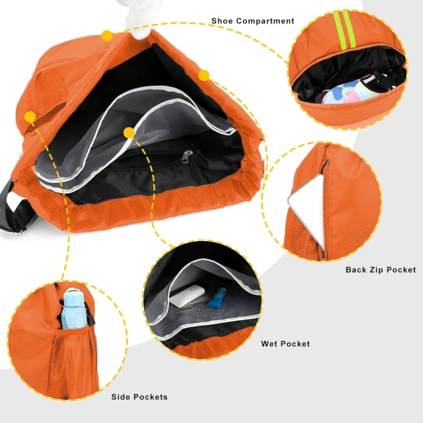 Orange vattentät ryggsäck med dragsko Gymväska med skofack