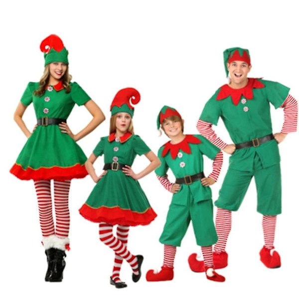 Jul Tomte Kostym Grön Älv Cosplay Familj Karneval Party Nyår Maskerad Kläder Set För Män Kvinnor Flickor Pojkar Höjd 80CM Flickor