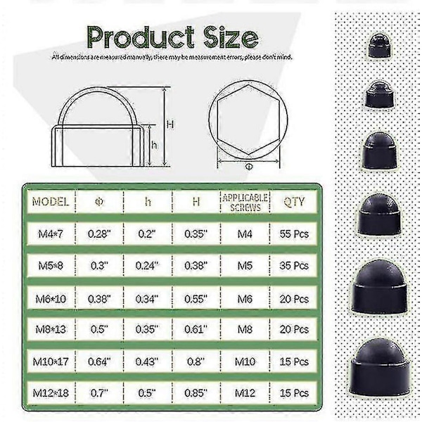 160 stk. Nylon Dome Sekskantmutterdeksel Plastbeskyttelse Mutterhette M4/m5m6/m8/m10/m12 Sett