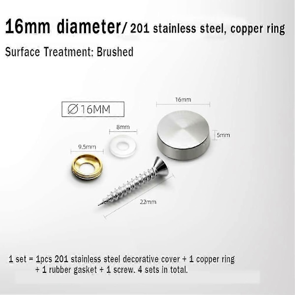 4-pakning dekorative speilskruer, dekorative spikerhetter, polerte dekorative skruer i rustfritt stål for speil, skap eller glassmøbler (0,63\"/16 mm)