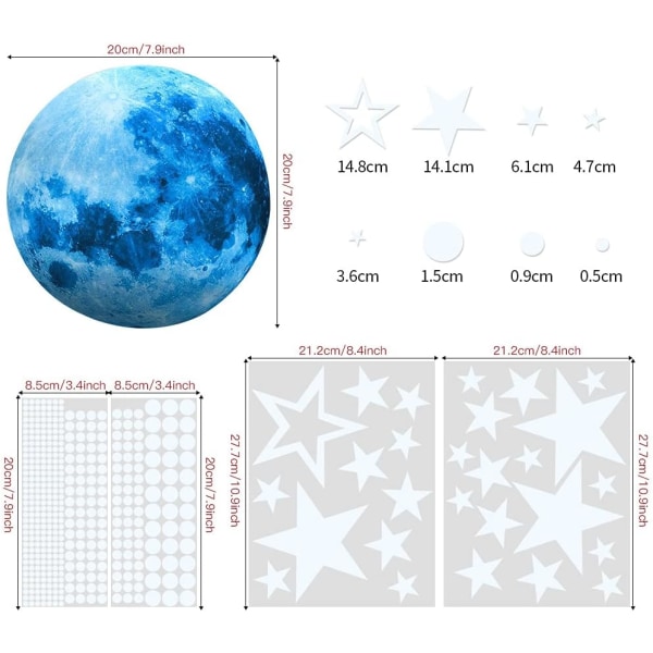 *435 Pakke Lysende Stjerner, Prikker og Måne Veggklistremerker for Soverom,*