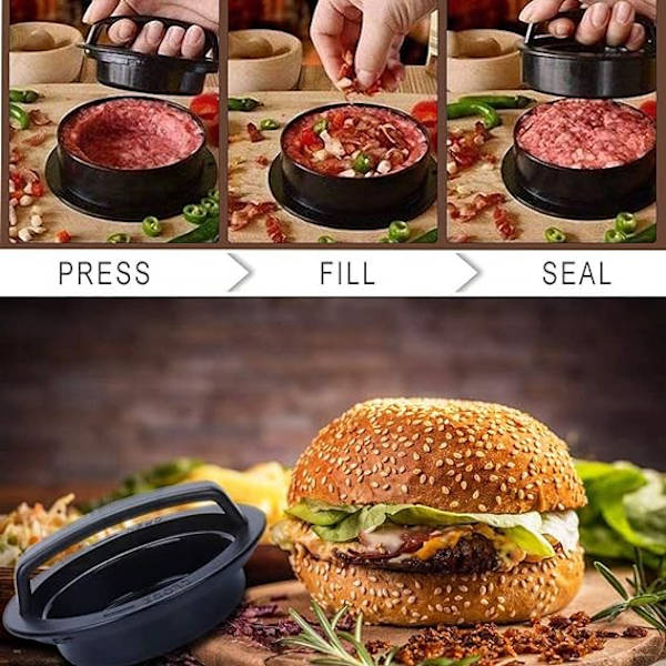 Set med 3-i-1 hamburgarepress + 50 st hamburgerpapper