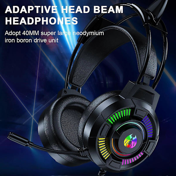 Hodetelefoner med aktiv støydemping, oppslukende 3D HiFi-lyd med RGB-pustelys, kablede gamingheadset