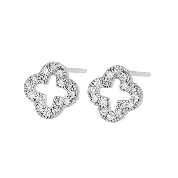 #S925 fuld diamant hul firkløvere øreringe#