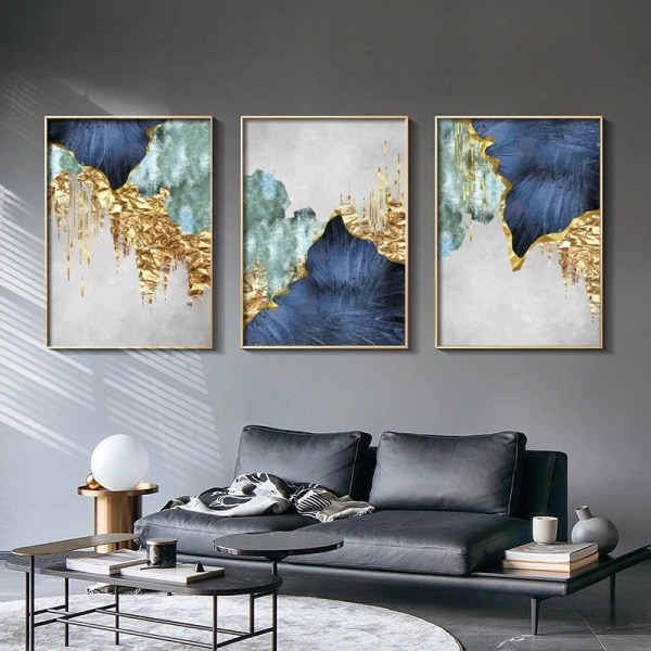 #Dekorativ målning i vardagsrummet - Blå och guldkurva - 30*40*3, #