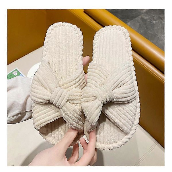 1 par Dame Mote Sløyfe Slip-on Hjemmesko Myk Fleece Lett Innendørs Utendørs Sko, off white, EU40