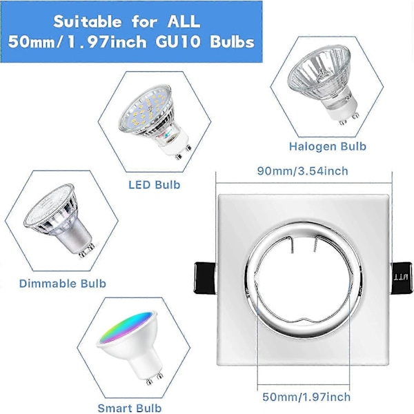 10x Moderna GU10 Downlights för Tak. Fyrkantig Matt Vit Metallram