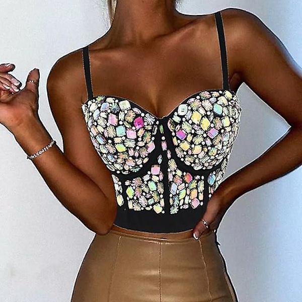 Strassikorsetti, rintaliivit, crop top, musta timantti, yökerho, rave, strassitopit, koruja naisille
