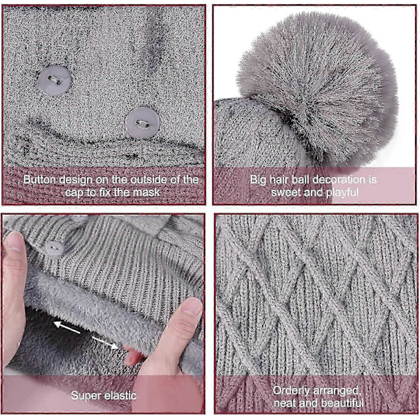 Dame Vinter Varm Strikket Hue Halsvarmer Sæt, Dobbelt Lag Fleeceforet Beanie Hue, Grå