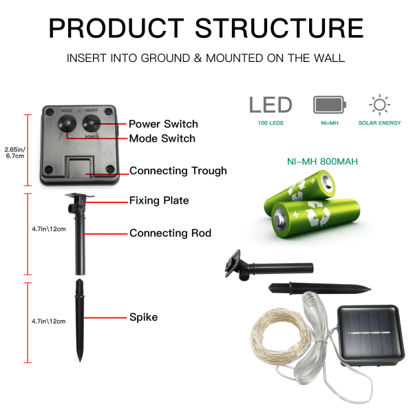 Kobbertråd solcellelys 12 meter, 100 kobber LED-lys, vanntett