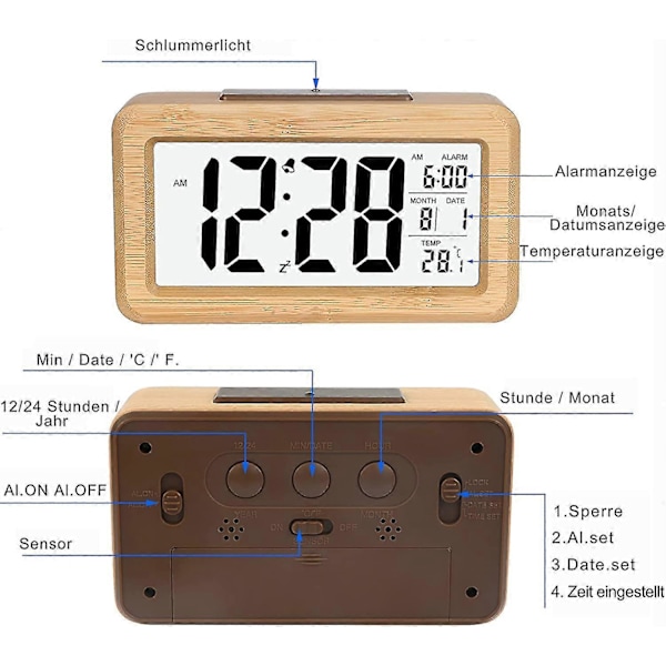 Väckarklocka, enkel inställning, digital väckarklocka i bambu med temperatur, datum, bakgrundsbelysning, snooze, för sovrum, säng, hem, kontor, utan