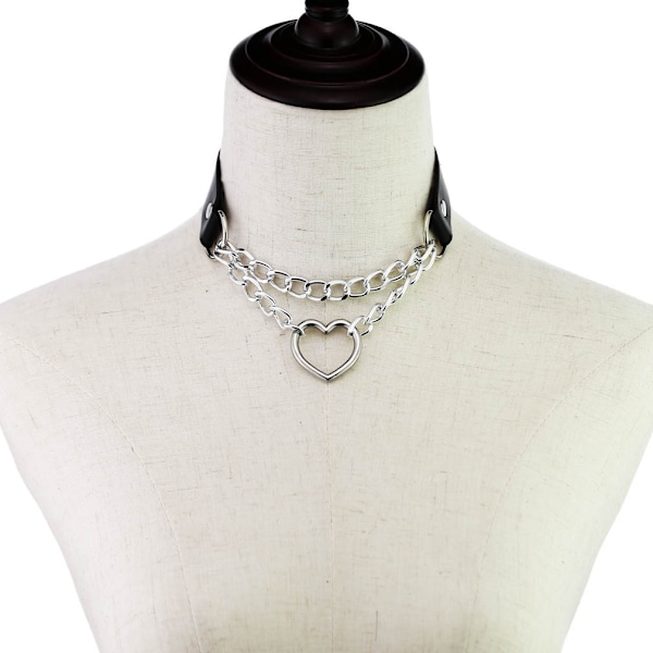 #Halskæde Hjerteformet Choker Sort PU Læder Halskæde Sort#
