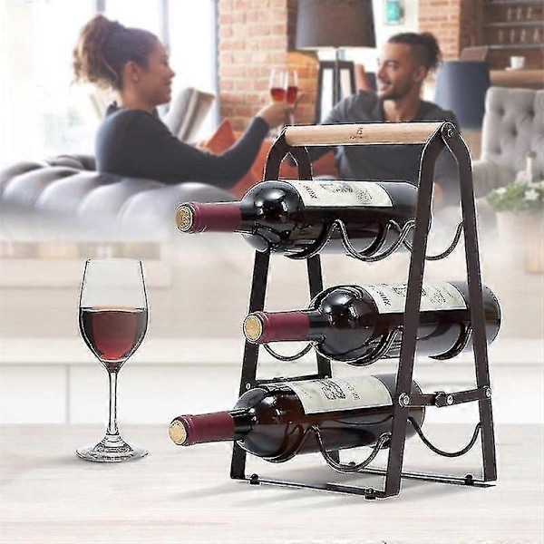 Vinstativ til bordplade, bordplade vinstativ i træ til 6 flasker vin, 3-lags klassisk design, vinstativ i træ og metal