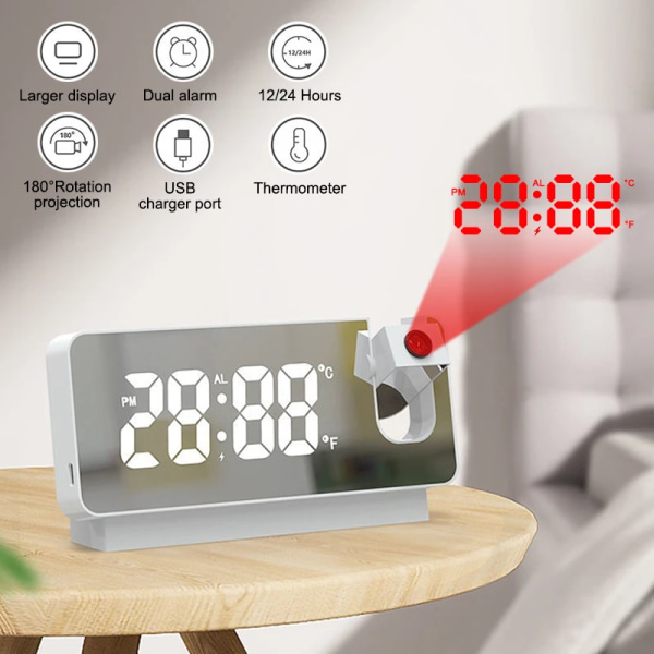 180° Rotations LED Digital Projektionsväckarklocka USB Elektro