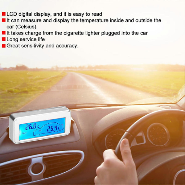 Digital 12V LCD Bil Termometer Innendørs Utendørs Temperaturmåler