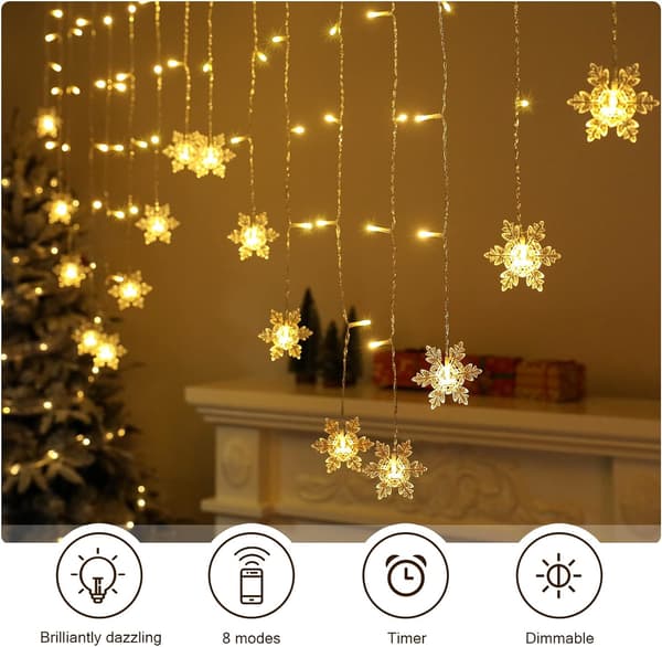 #LED Snøflaggardinlys - 4M, Varmt Hvit, 8 Moduser USB-lys#