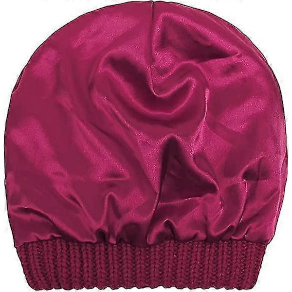 Varm stickad vintermössa med satin-foder, kabelstickad beanie, tjock slouchy skull cap för damer