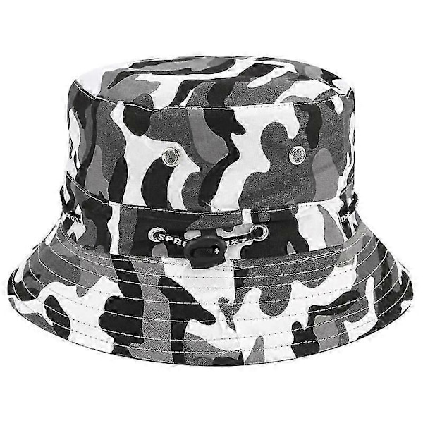 Solhat med bred skygge, hagestrop, trykknapper i siden og ventilationsåbninger (Hvid camouflage)