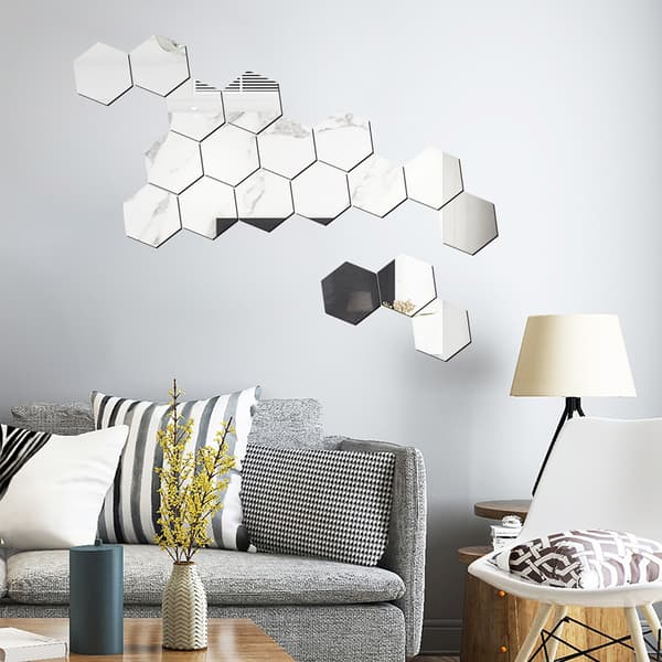 Hexagonala spegelväggdekaler - silver, flexibla linser/#/