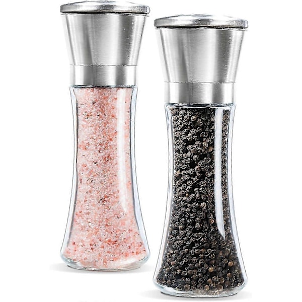 Premium Salt- og Peberkværnsæt med 2 stk. - Børstet Rustfrit Stål Peberkværn og Saltkværn, 177 ml Glas Ta