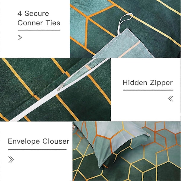 Grønt Dynetrekksett Twin, 3 STK Geometrisk Luksus Dynetrekk, Grønt Honeycomb Diamant Sengetøy Gullbelagt Sengetøysett med Glidelås, Ultra Mykt og L