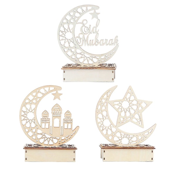 3 kpl Eid Mubarak Pöytäkoriste Ontto Puinen DIY LED Lisävaruste Ramadan-festivaalin Koristelu Kotiin (Ei Paristoa, Kolme Kuviota)
