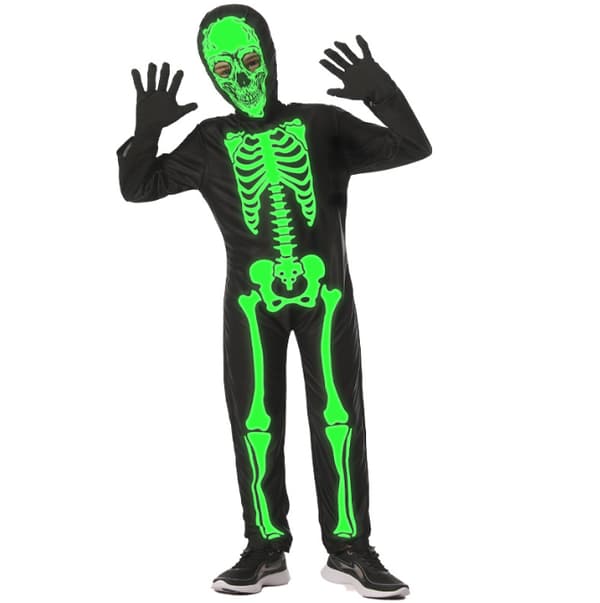 Selvlysende skjelettdrakt for gutter, Halloween-kostyme for barn M