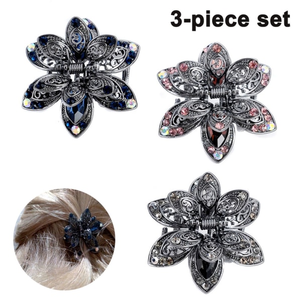 Mini käkklämmor, metallkristallhårklor, halkfri blomspärr, vintage metall strass hårklämmor tillbehör-3-delade set