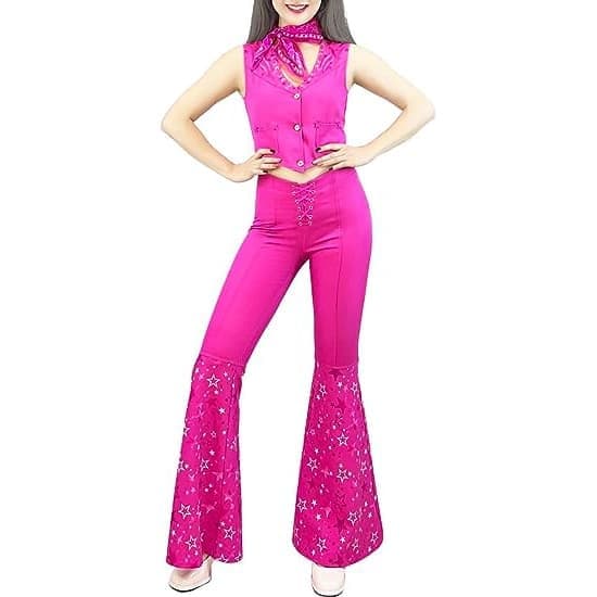 Barbie Hippie Disco Kostym Rosa Utsvängda Byxor Halloween Cosplay för Kvinnor Flickor, Storlek M M