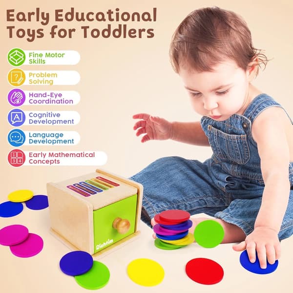 Montessori-legetøj egnet til småbørn i alderen 1-3 år: Træskuffelegetøj til farvesortering.