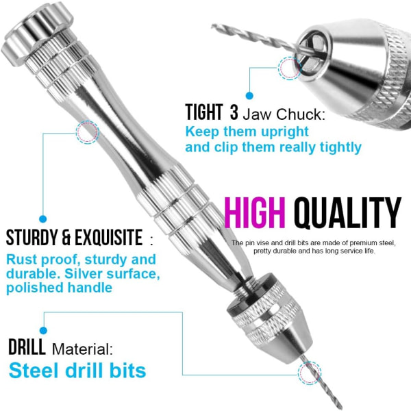 Pin Vise for Resin Casting Molds, Hånddrill i stål, Resin Drill med 10 stk. Bor, Presisjonshånddrillverktøy (Sølv)