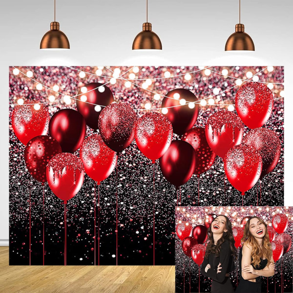 Svarta och röda glitterballonger Bakgrund för födelsedag Alla hjärtans dag Bröllopsbal Examen Bal Inredning Banner Glitter Strängljus Dekoration 7x5ft