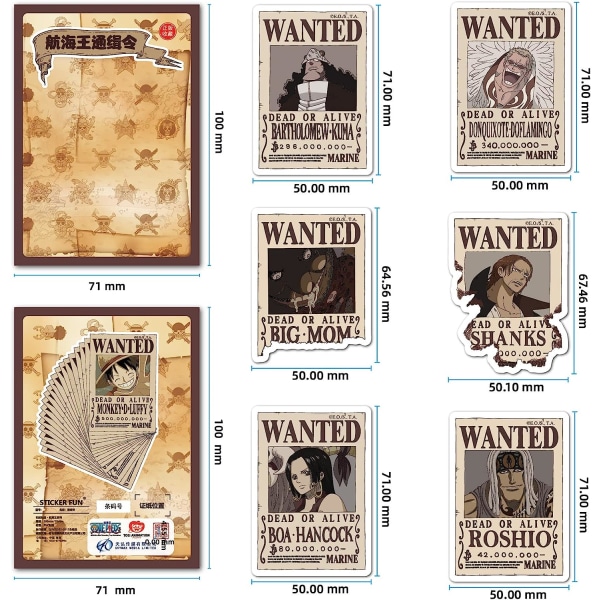 80 st Anime One Piece Wanted Posters Stickers, söt vinyl vattentät klistermärke för vattenflaskor, bärbar dator, skateboards, bagage, telefon resväska, gitarr