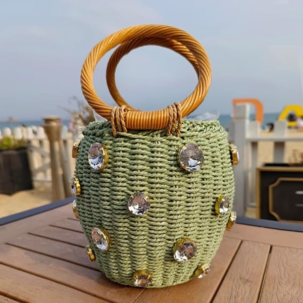 Blomsterpärlor Rotting Tote Väska Sommar Strand Dragkedja Halm Hink Väska Diamanter Vävda Handväska