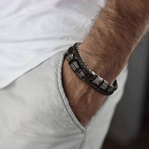 Herre Dobbelt-Række Flettet Læder Armbånd Bangle Armbånd med Rustfrit Stål Ornamenter（Sort-Sort）