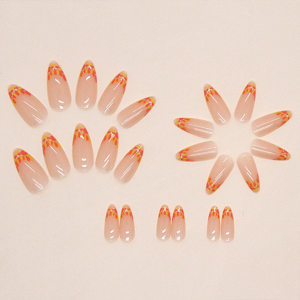 Vintermandelformad press på naglar Mediumrosa falska naglar med franska spetsar Glitter bladdesigner Stick on nails DIY Hemmasalong Manikyr Present 24 st.