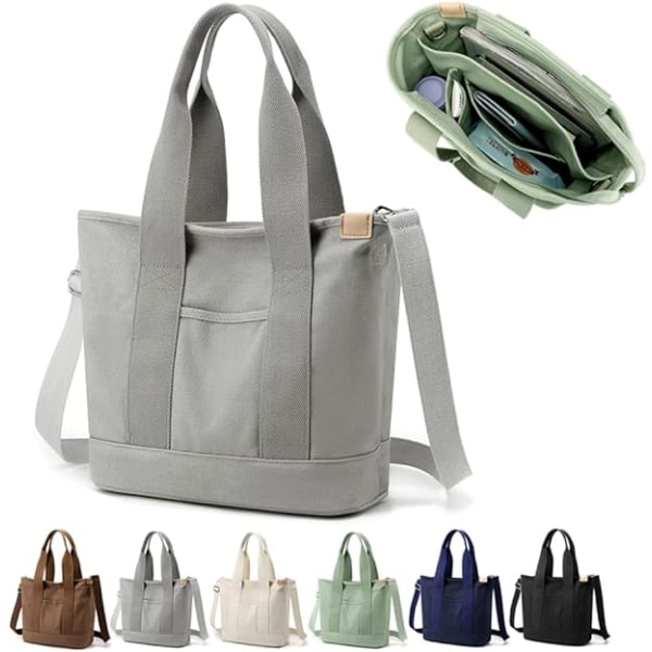 Multi-lomme Tote Bag med Glidelås, Lerretet Japansk Håndlaget Håndveske med Rom, Multifunksjonell Skulderveske Arbeidsveske
