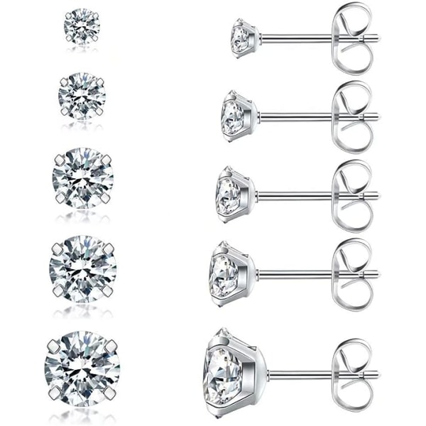 5 Pairs Stud Earrings Set, Hypoallergenic Cubic Zirconia 316L Earrings Stainless Steel CZ Earrings 3-8mm