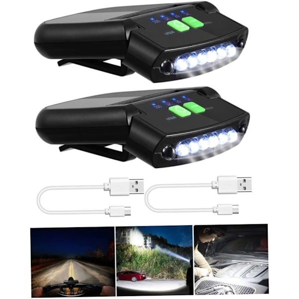 2-pack LED-klämmor för kepsar, USB-uppladdningsbara, vattentäta, superljusa, handsfree-huvudlampor