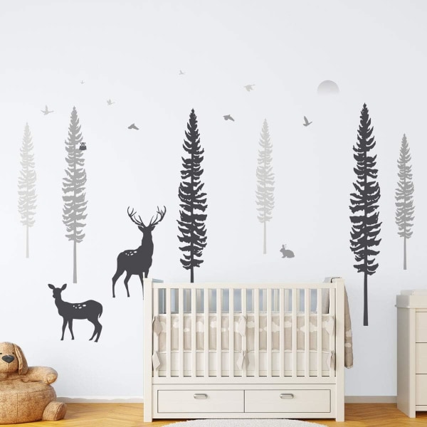 Woodland Nursery Decor – Drömmande skogstema Pine Tree Väggdekaler med djur, rådjur och uggla – Söta baby för sovrum, klassrum och dagis