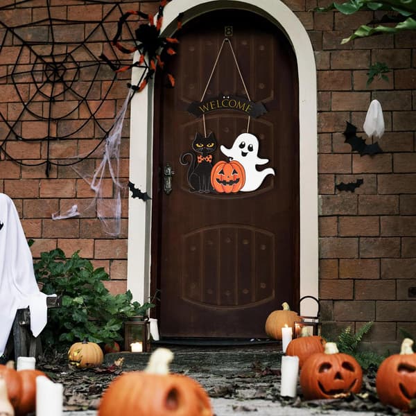 Halloween Træhængende Skilt - Spøgelse, Sort Kat & Græskar Design, Dørkrans, Glad Halloween Dekoration til Hjemmet
