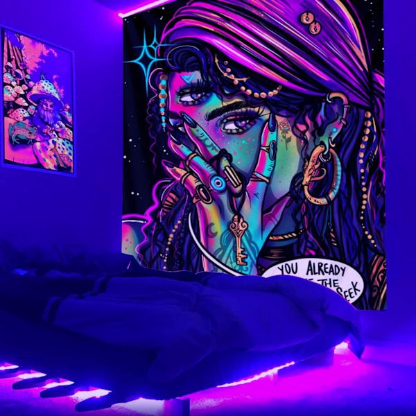 Hippie seinävaate Trippy Cool Girl Art Mysteerinen seinävaate Teini-ikäinen tyttö ja poika Seinävaatteet makuuhuoneen asuntolaan Kotiin（90*120cm）-F163