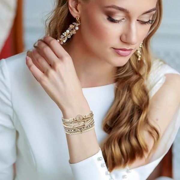 Leopard Armbånd for Kvinner, Boho Lær Wrap Multi-Layer Perle Krystall Armbånd Bangel Smykker