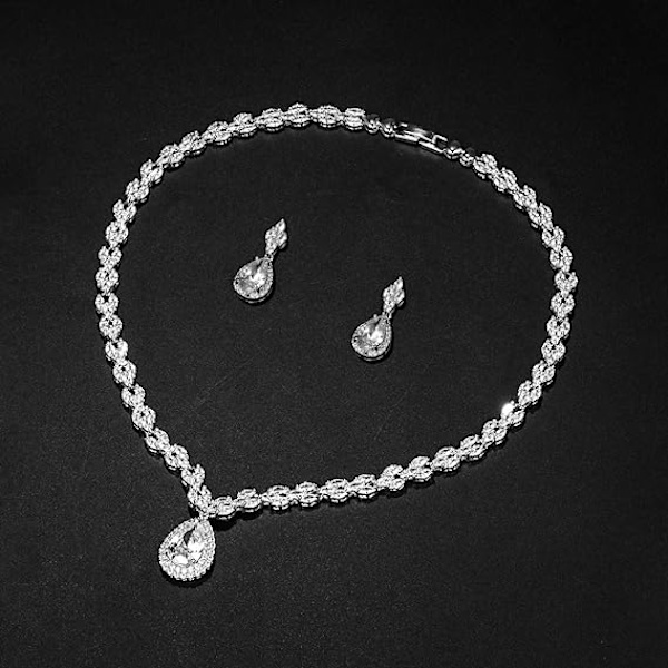 Hvidguld/Guldbelagt Dame Kubisk Zirkonia CZ Marquise Teardrop Brude Tennis Halskæde og Drop Øreringe Sæt til Bryllup Brud