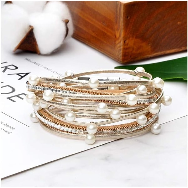 Leopard Armband för Kvinnor, Boho Läder Wrap Multi-Layer Pärla Kristall Armband Smycken