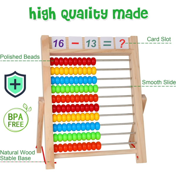 Trä Abacus för Barn Matematik, Pedagogisk Räkningsleksak med Räknestavar och Nummer Alfabet Kort, Förskola Inlärningsleksaker Present